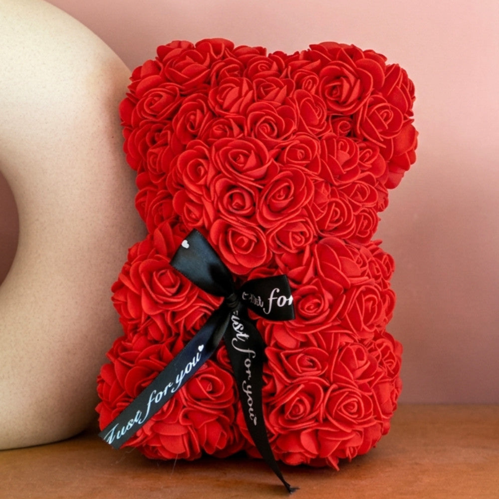 Ourson en Roses Artificielles en Coffret - Objet Déco Original