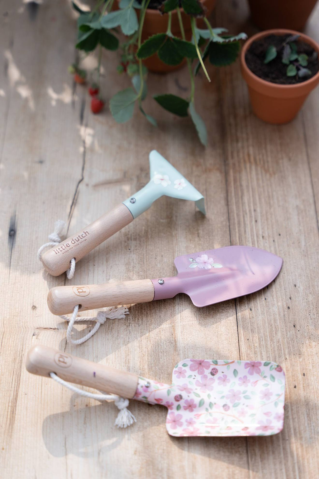 Outils de jardin rose
