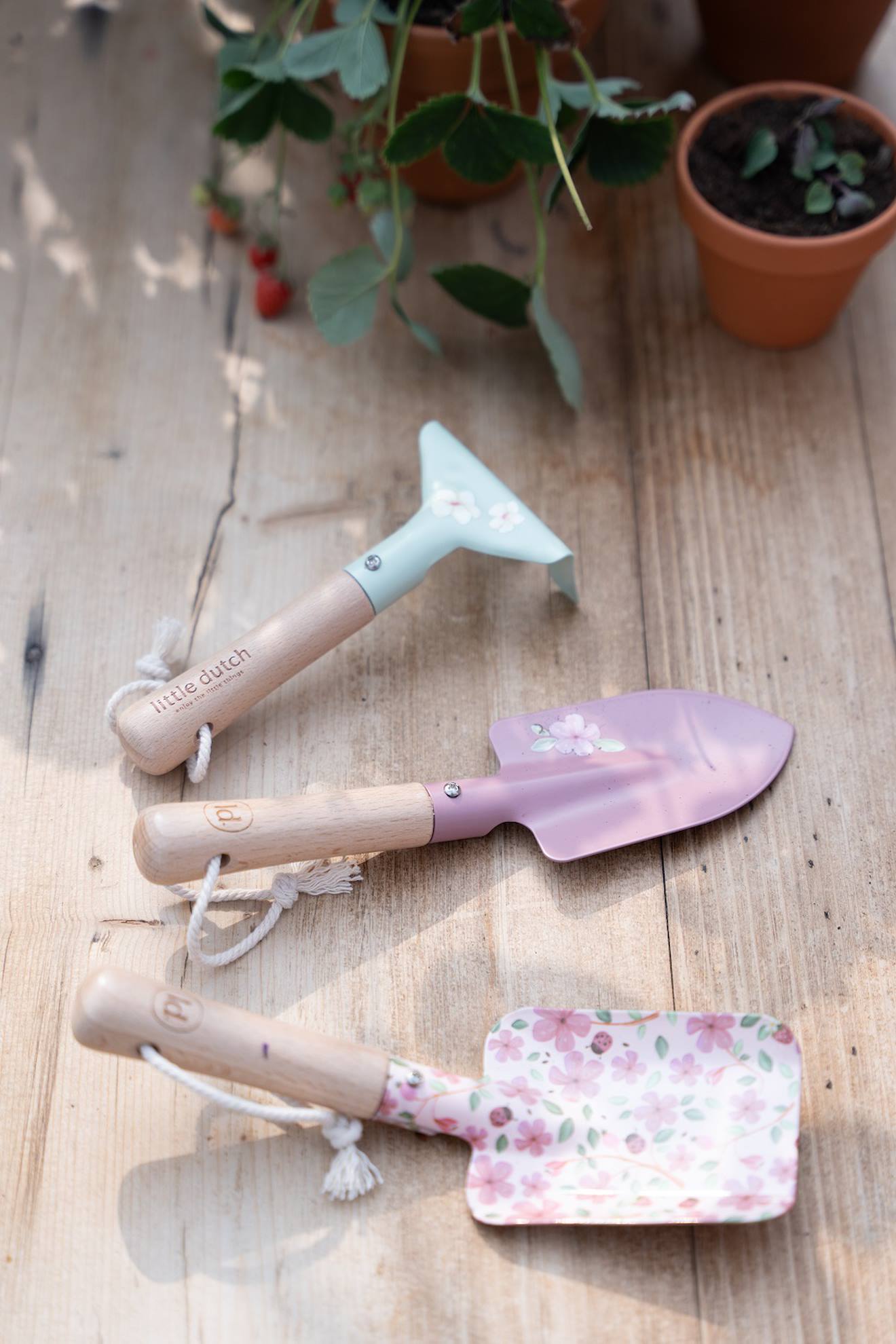 Outils de jardin rose