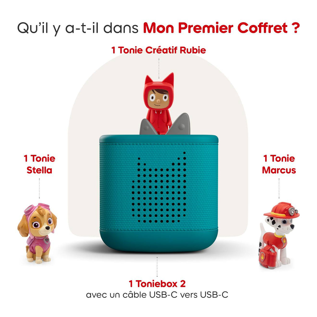 Pack Toniebox 2 - boîte à histoires - 1 figurine rubie - La Pat' Patrouille marcus et stella vert océan
