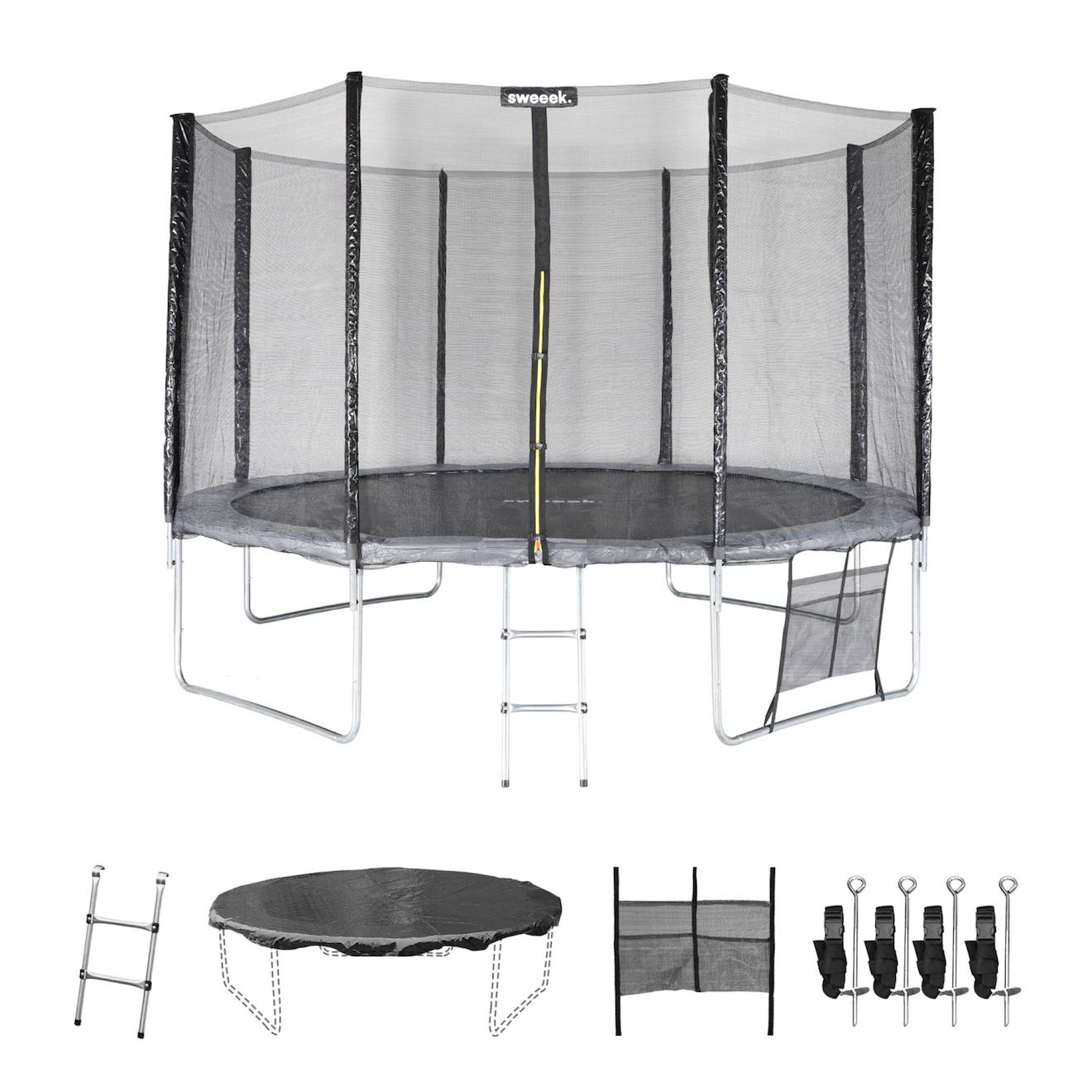 Pack trampoline ø370cm saturne XXL, filet, échelle, bâche, filet chaussures, kit d'ancrage gris
