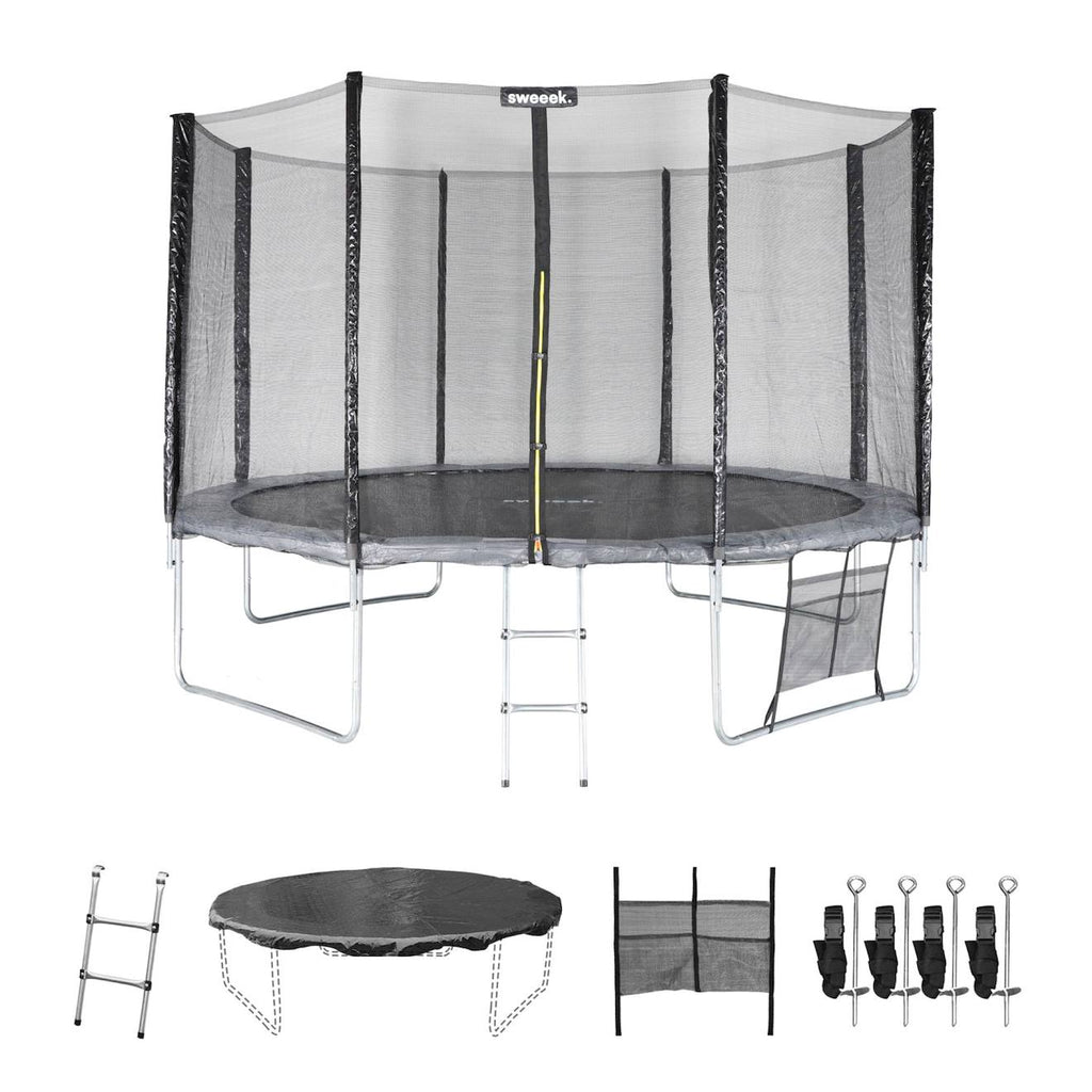 Pack trampoline ø370cm saturne XXL, filet, échelle, bâche, filet chaussures, kit d'ancrage gris
