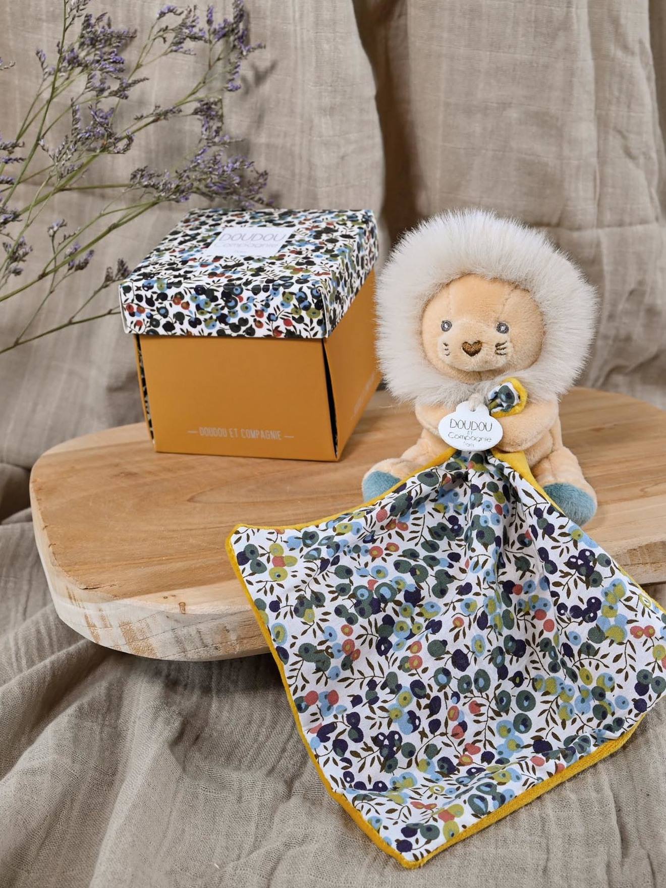 Pantin + doudou 12cm boh'aim lion jaune