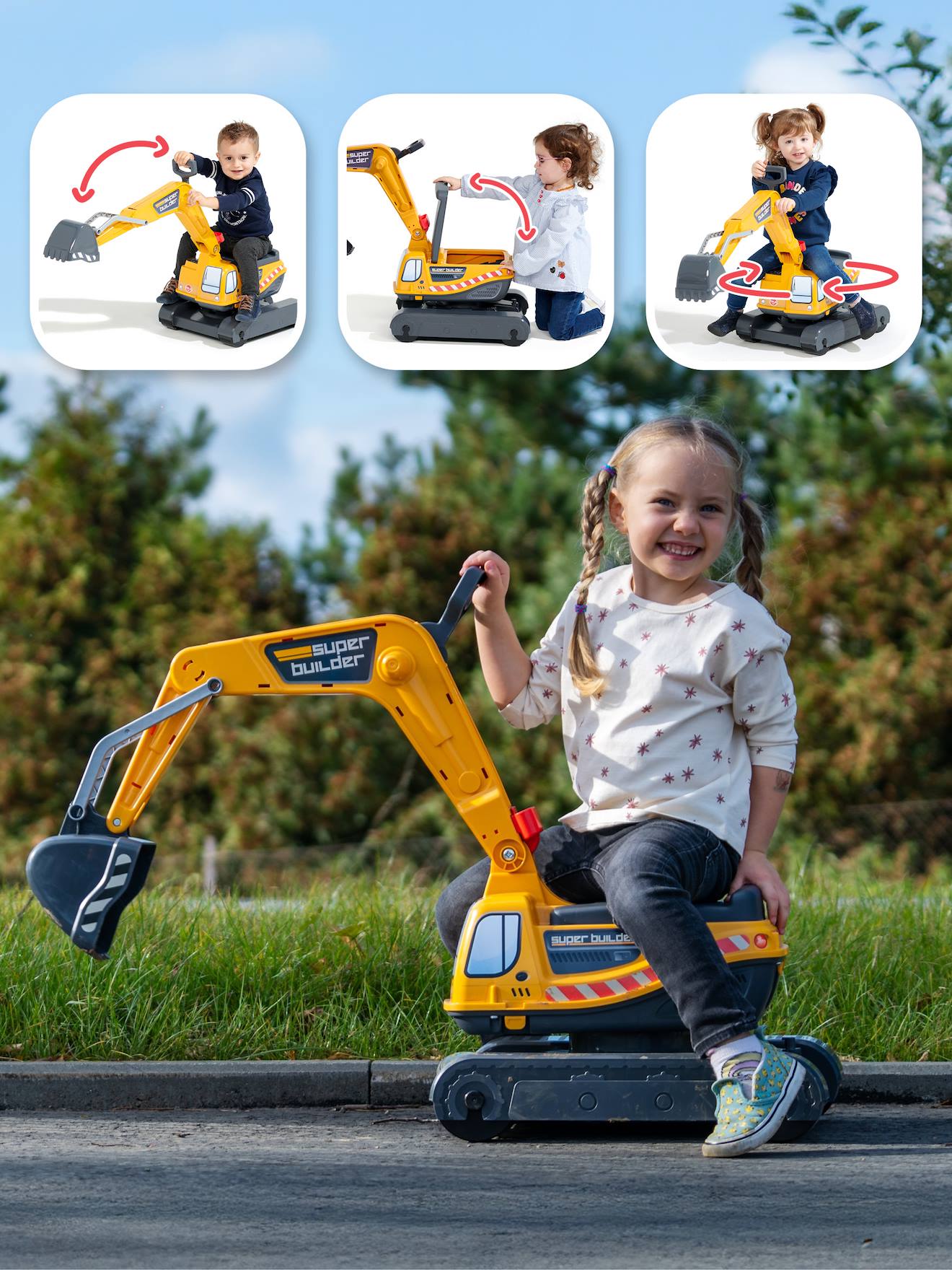 Pelleteuse super builder entièrement articulée avec assise ouvrante jaune