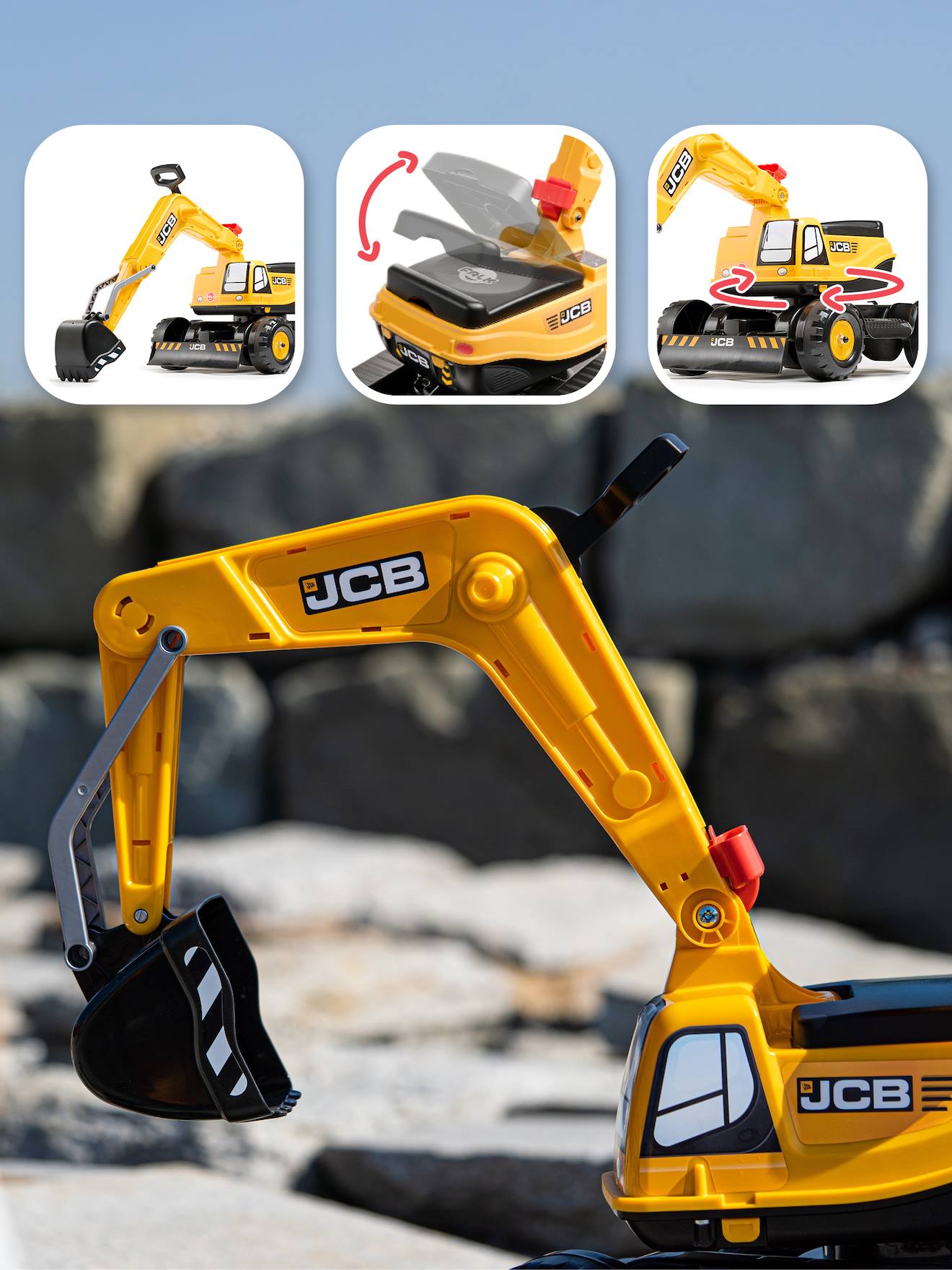 Pelleteuse super builder entièrement articulée avec assise ouvrante jaune jcb