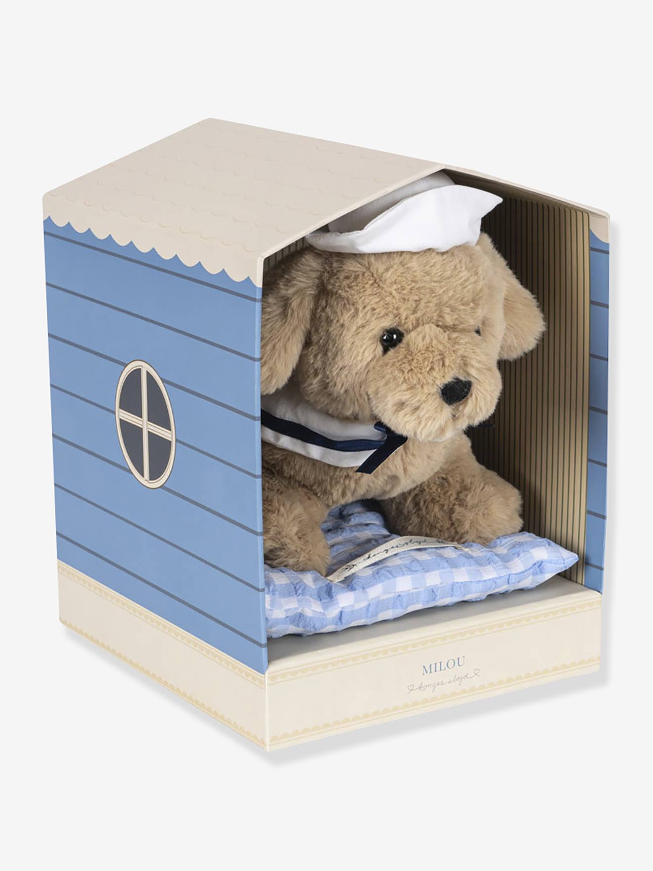 Peluche chien milou et son coussin marron
