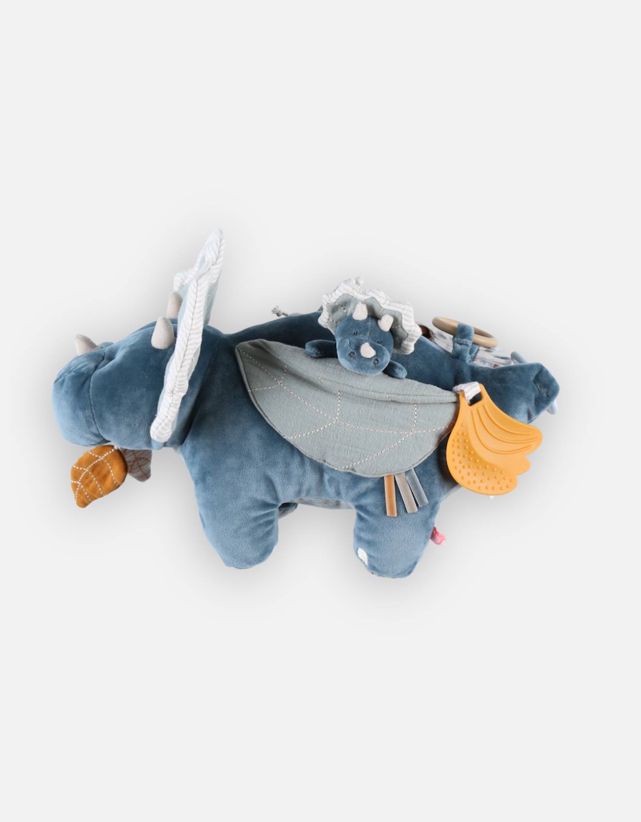 Peluche d'activités ops en veloudoux et mousseline de coton bio bleu