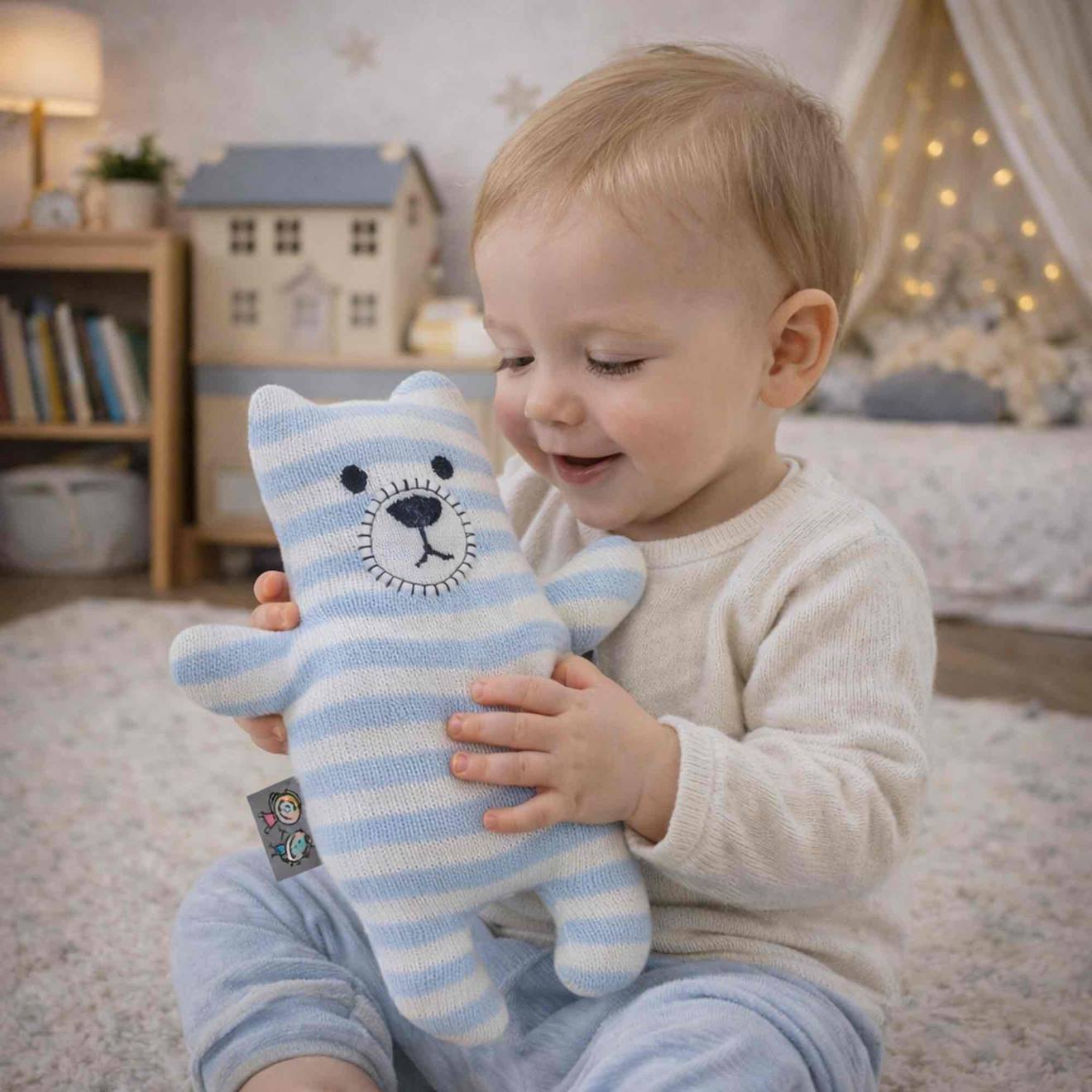 Peluche doudou ourson en coton tricoté bleu