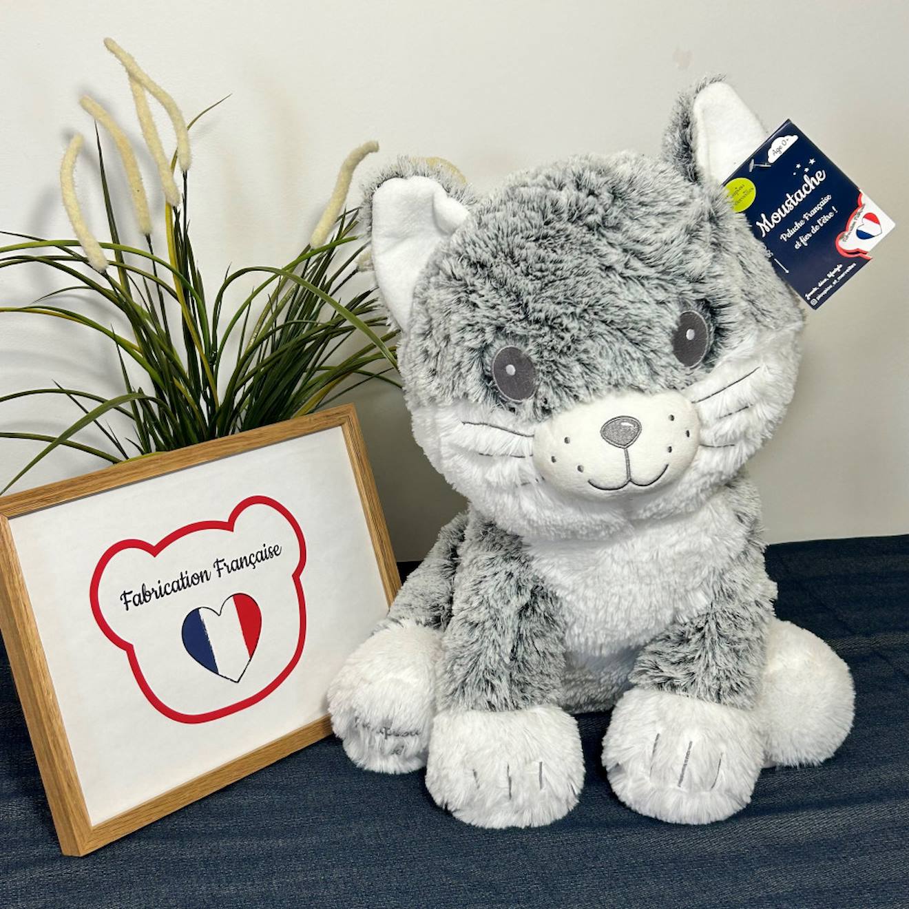 Peluche géante chat moustache - made in france gris