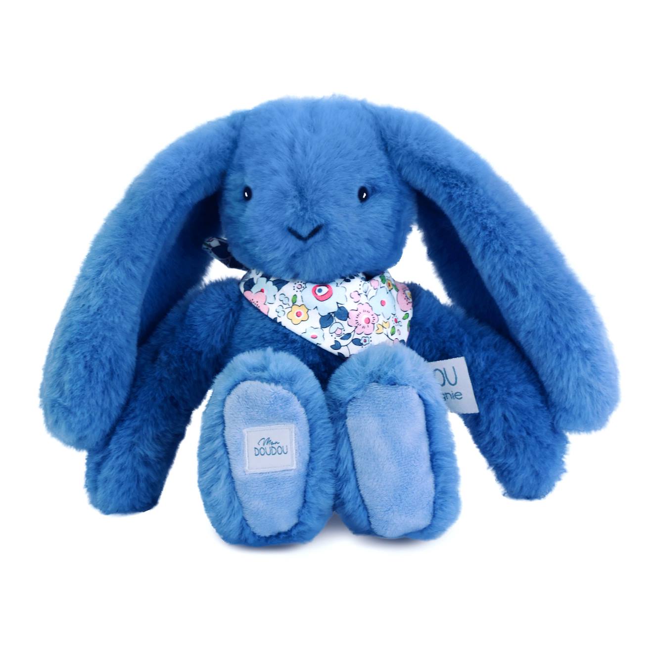 Peluche lapin fleurette 25 cm bleu