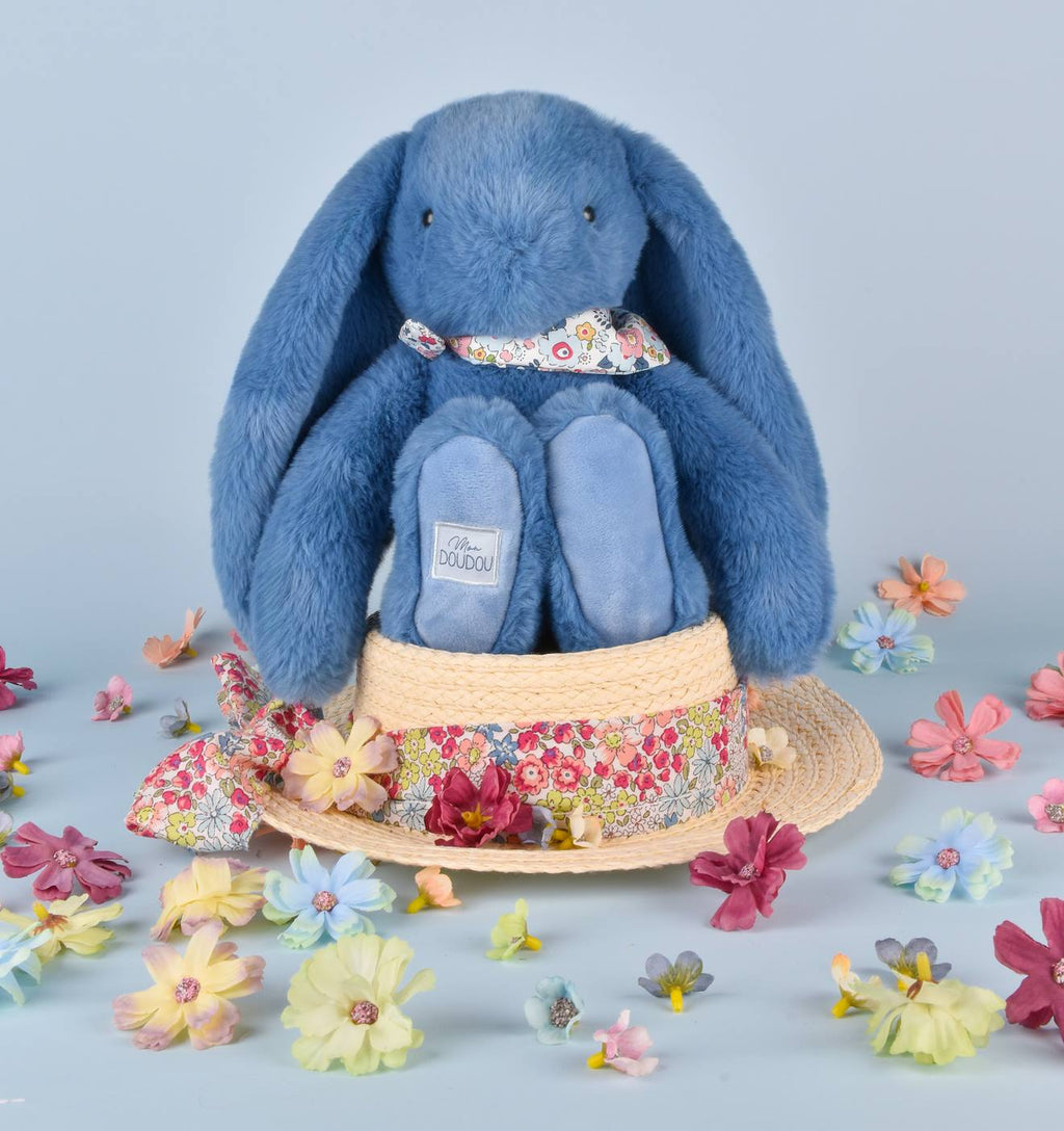 Peluche lapin fleurette 25 cm bleu