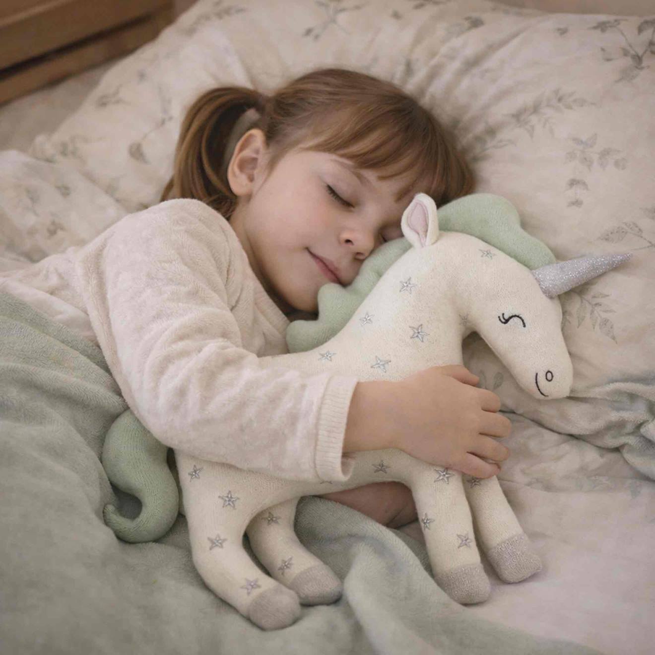 Peluche licorne en coton tricoté écru
