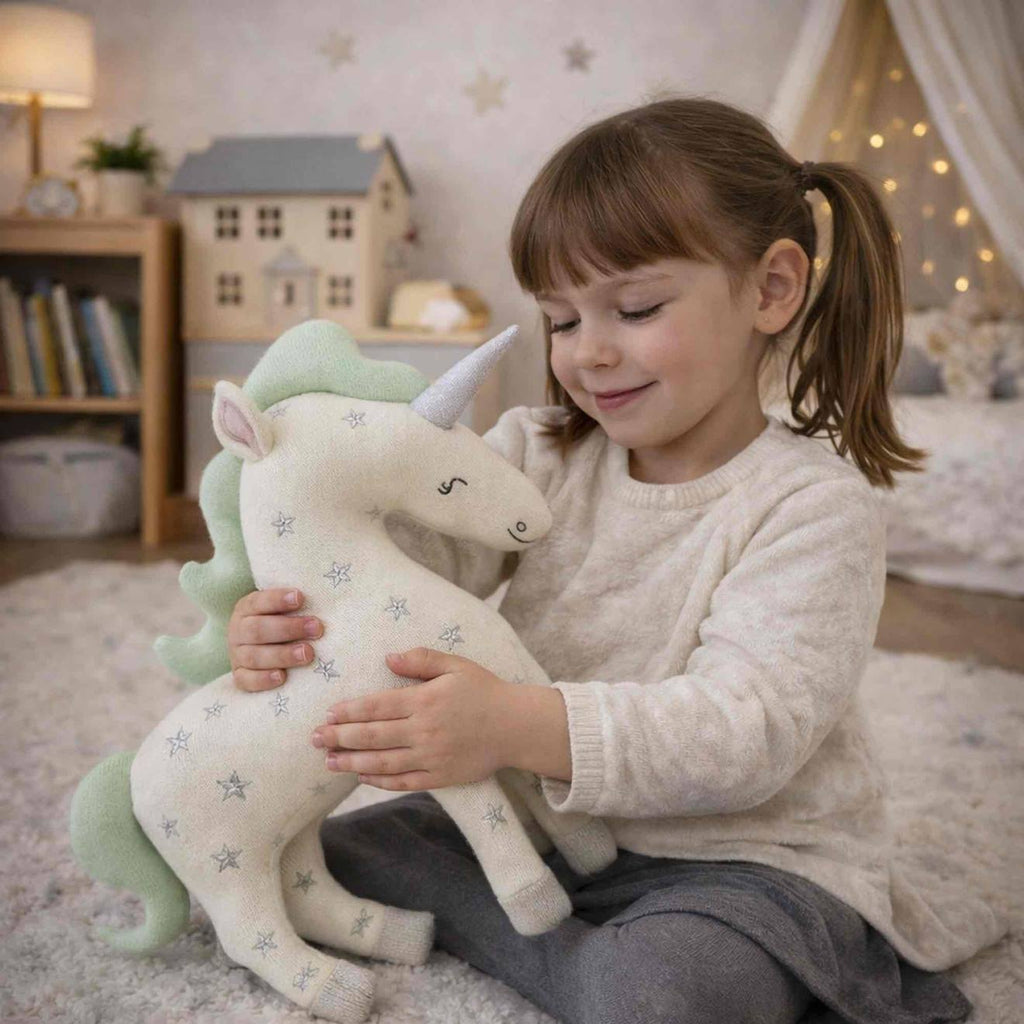 Peluche licorne en coton tricoté écru