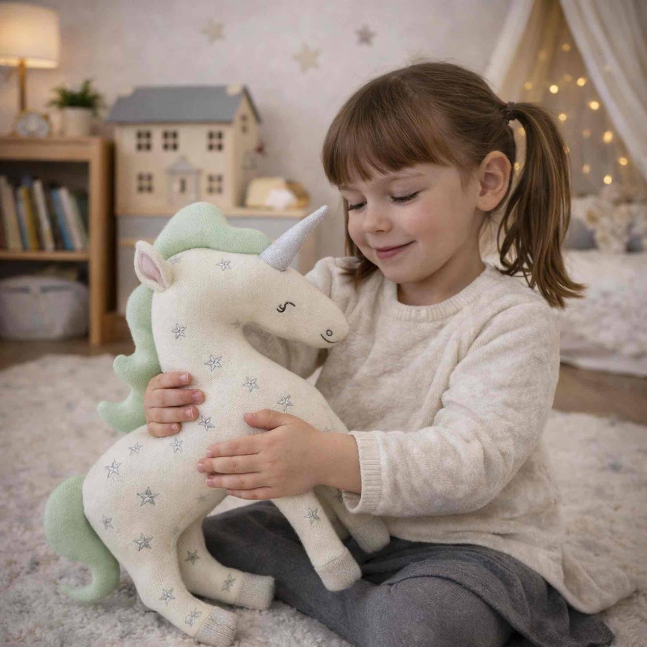 Peluche licorne en coton tricoté écru