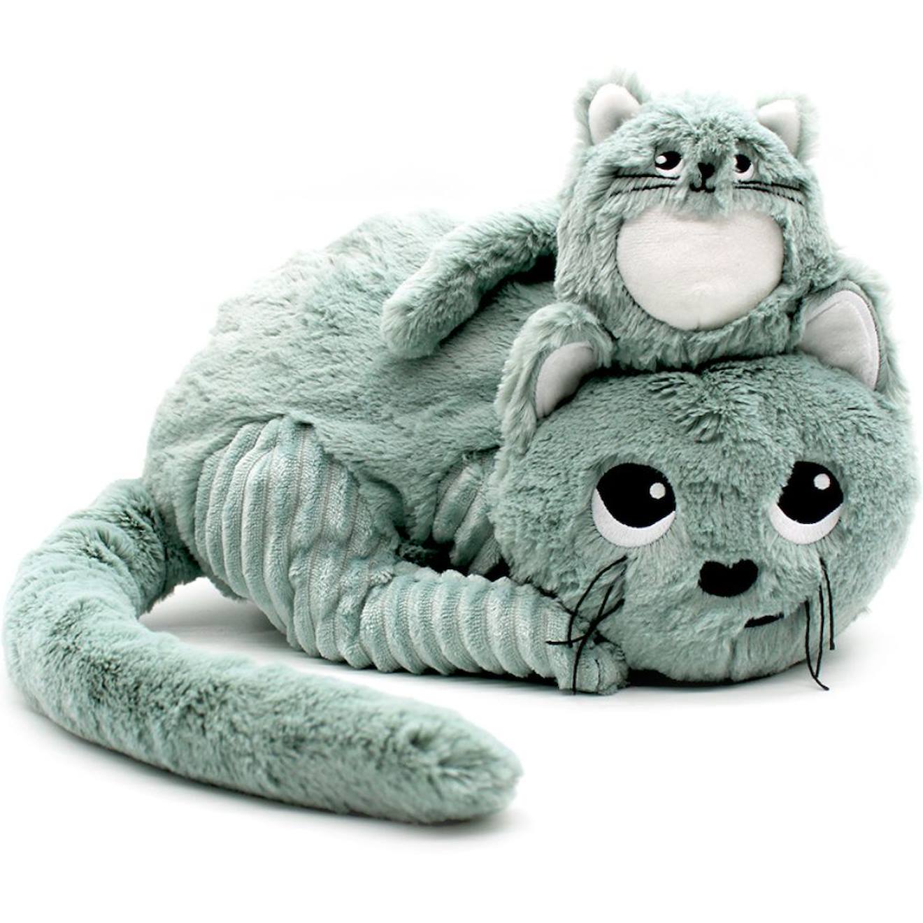 Peluche miaou le chat maman et bébé menthe (32 cm) vert d'eau, noir, blanc