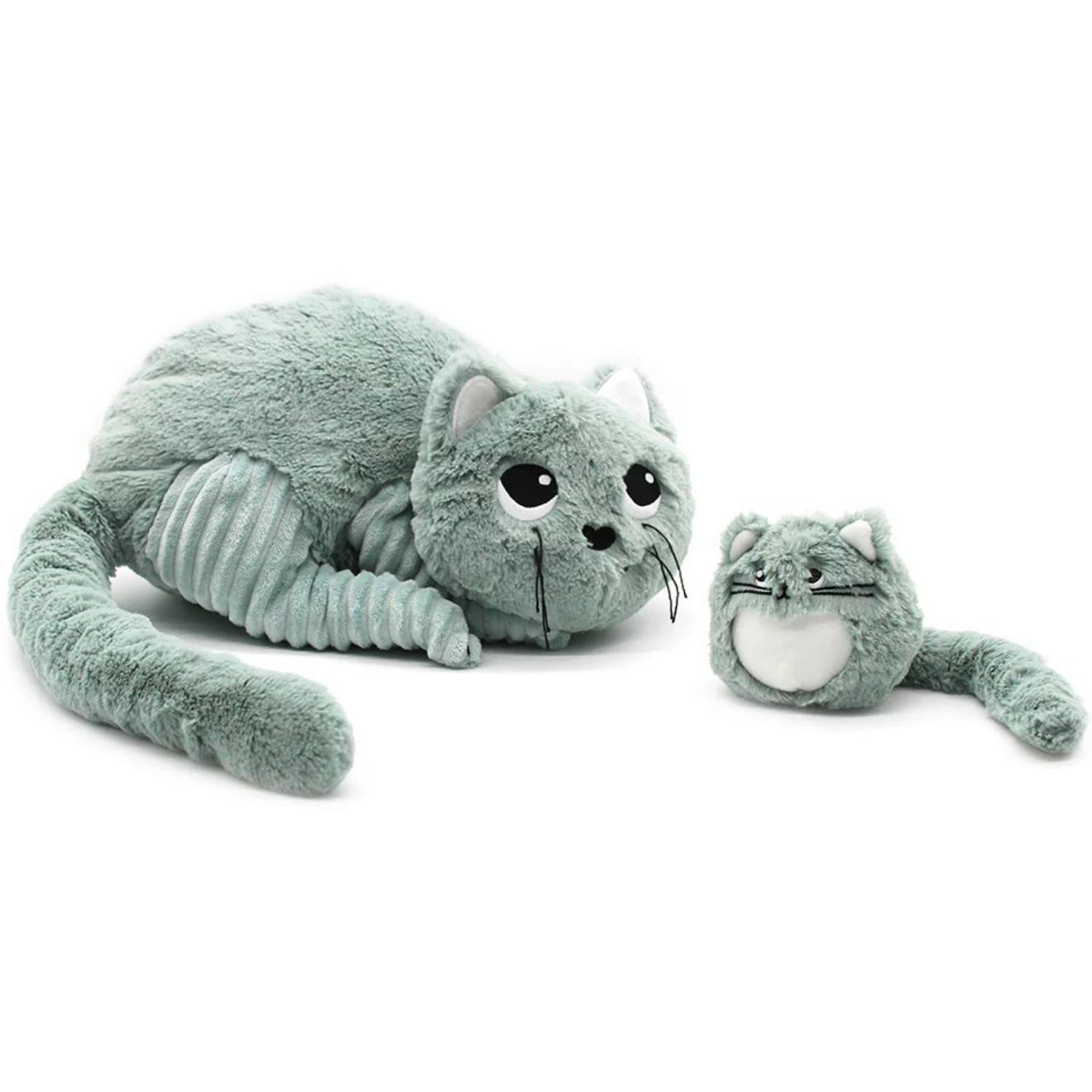 Peluche miaou le chat maman et bébé menthe (32 cm) vert d'eau, noir, blanc