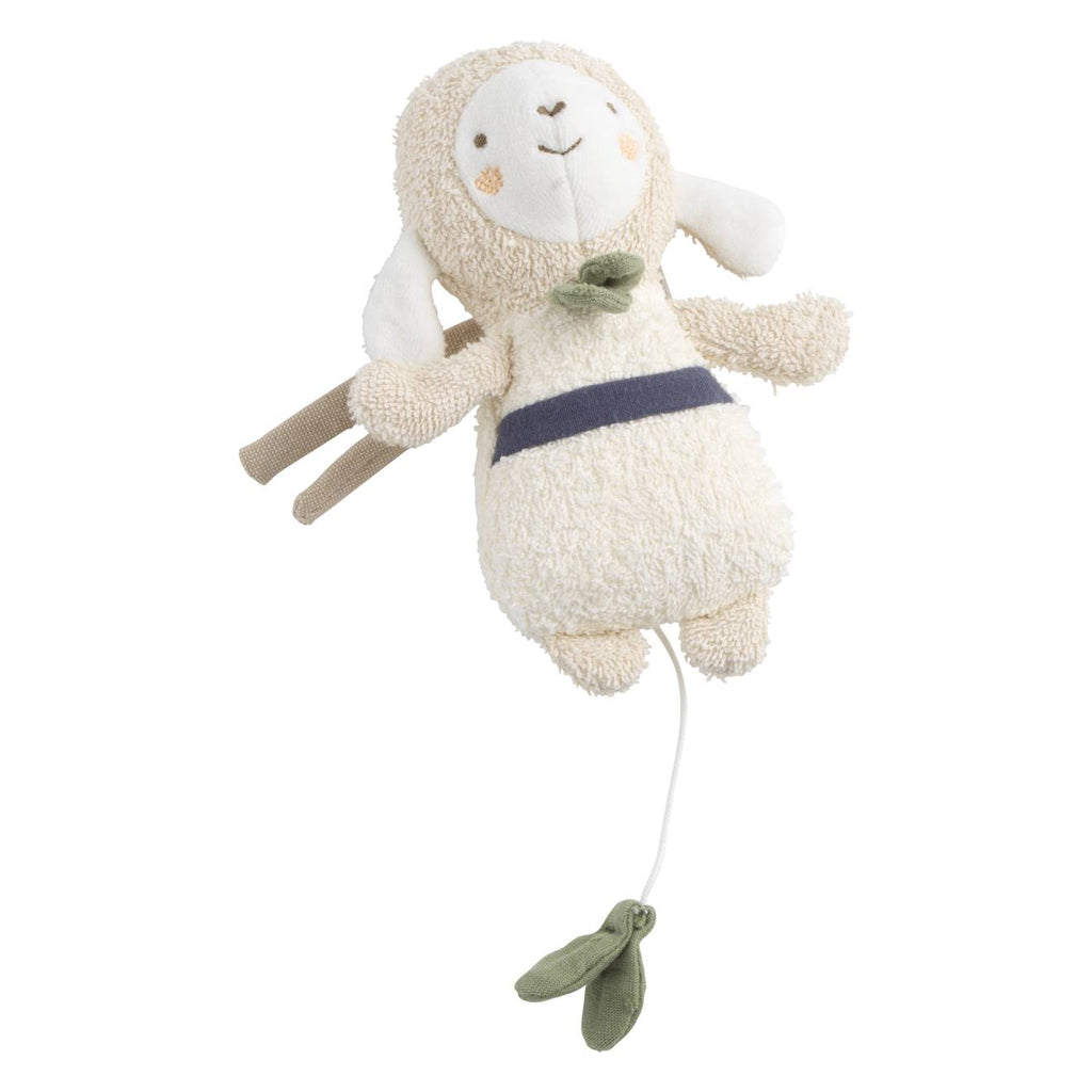 Peluche mini musical en bouclette coton bio - petit soleil beige/bleu