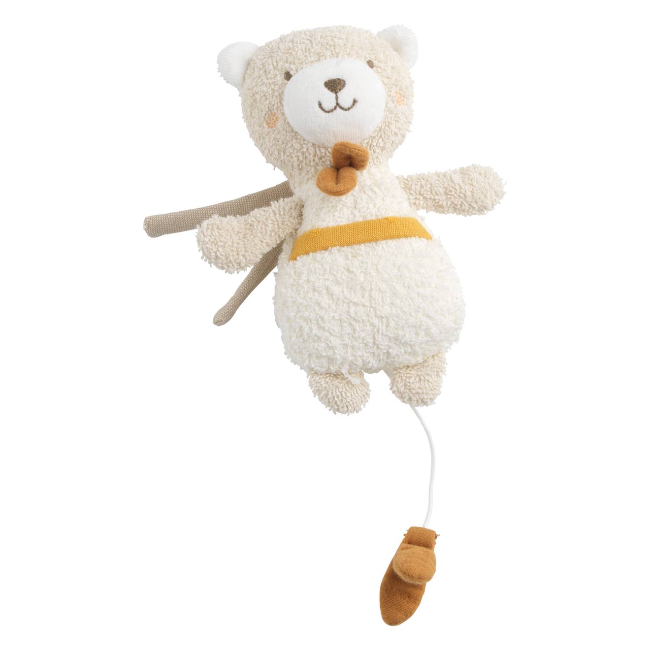 Peluche mini musical en bouclette coton bio - petit soleil beige/jaune
