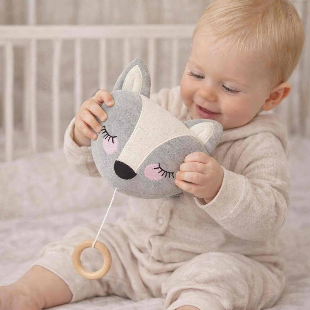 Peluche musicale renard en coton bio gris