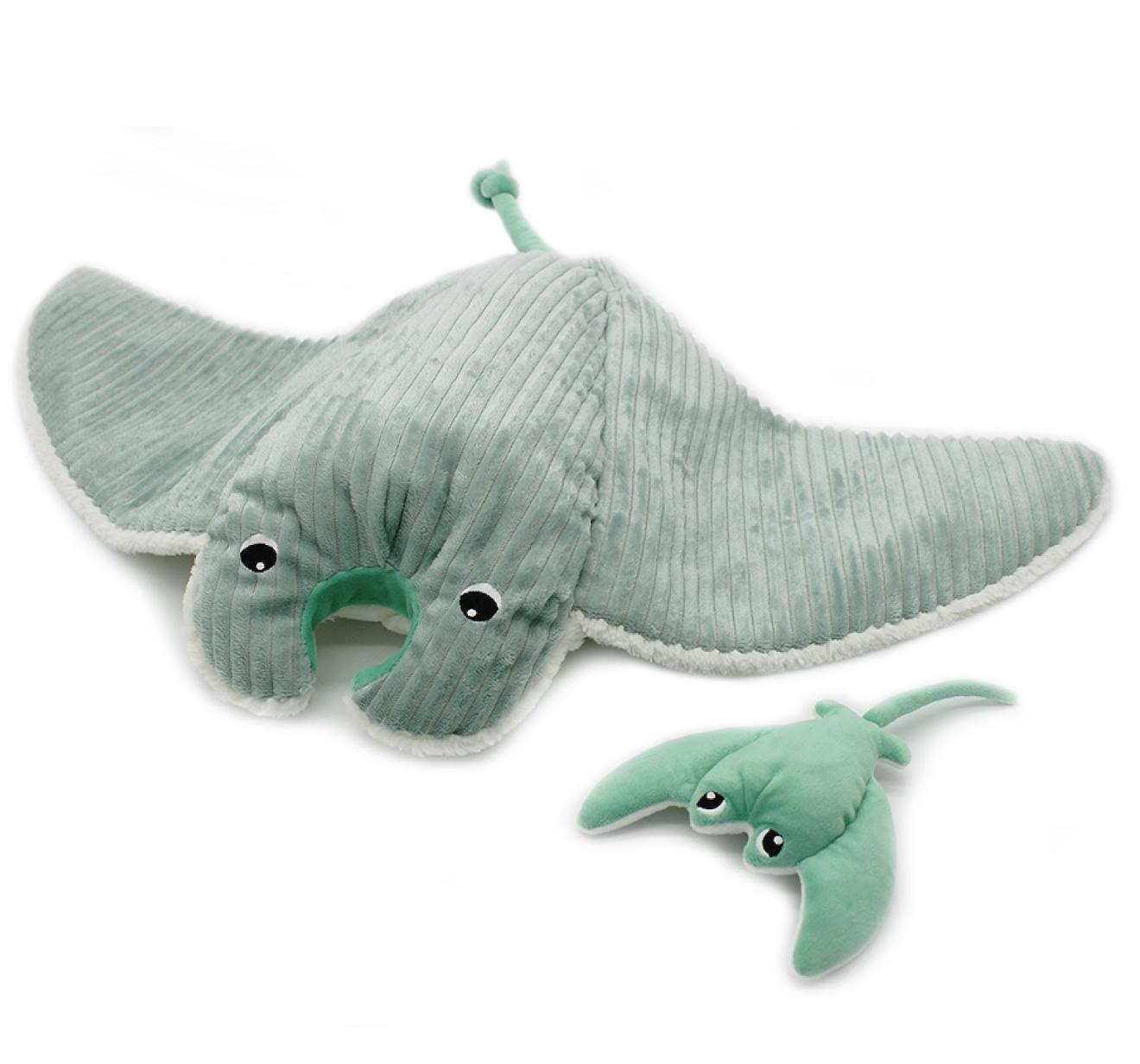 Peluche ptipotos raie manta et son bébé menthe vert