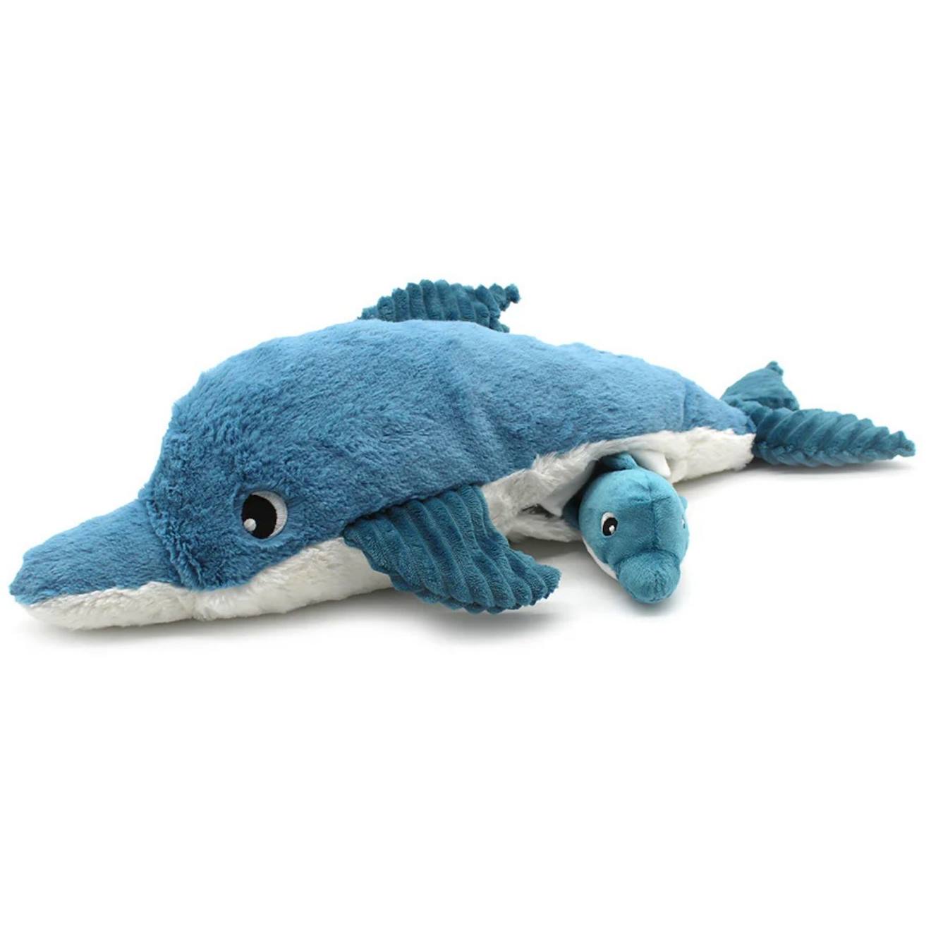 Peluche tofou le dauphin maman et bébé bleu, noir, blanc