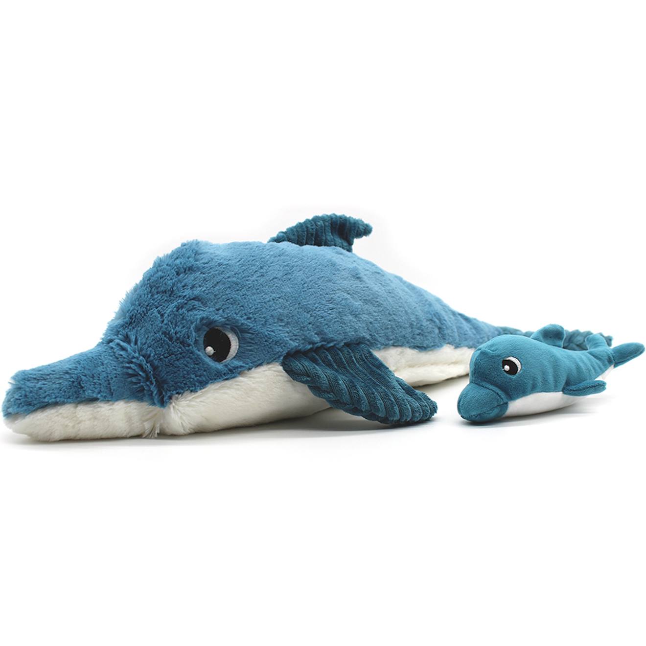 Peluche tofou le dauphin maman et bébé bleu, noir, blanc