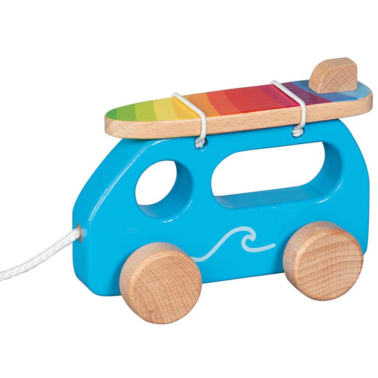Petit van de surfeur à tirer en bois bleu