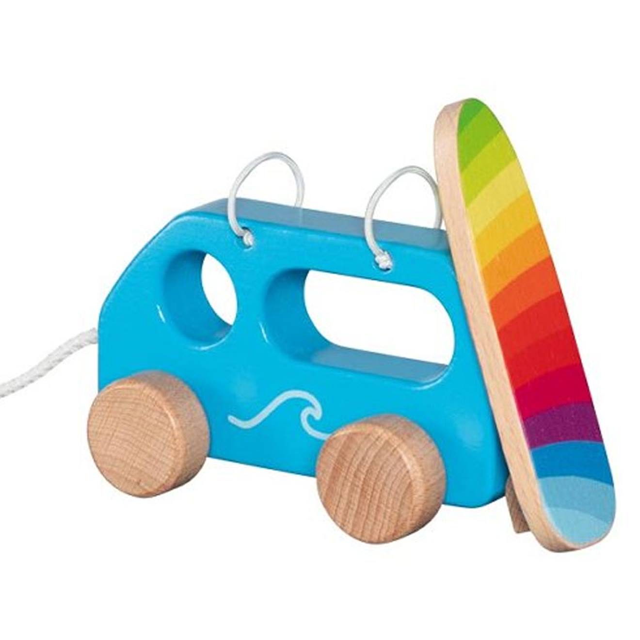 Petit van de surfeur à tirer en bois bleu