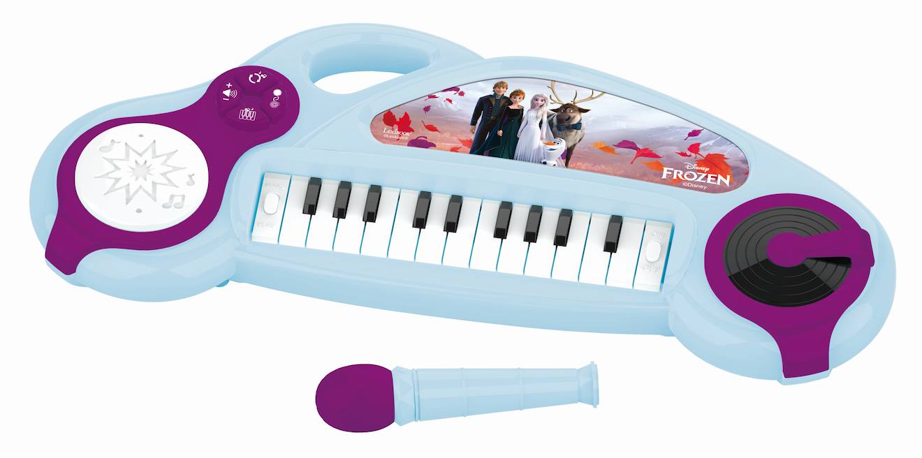 Piano électronique La Reine des Neiges avec effets lumineux et microphone bleu