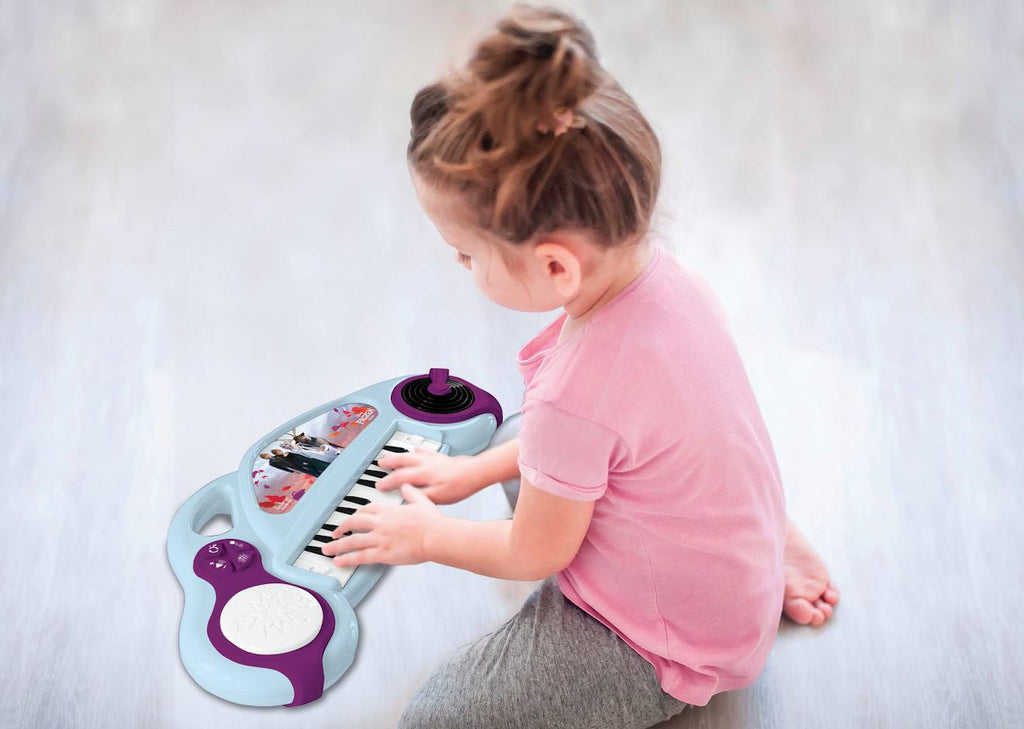 Piano électronique La Reine des Neiges avec effets lumineux et microphone bleu