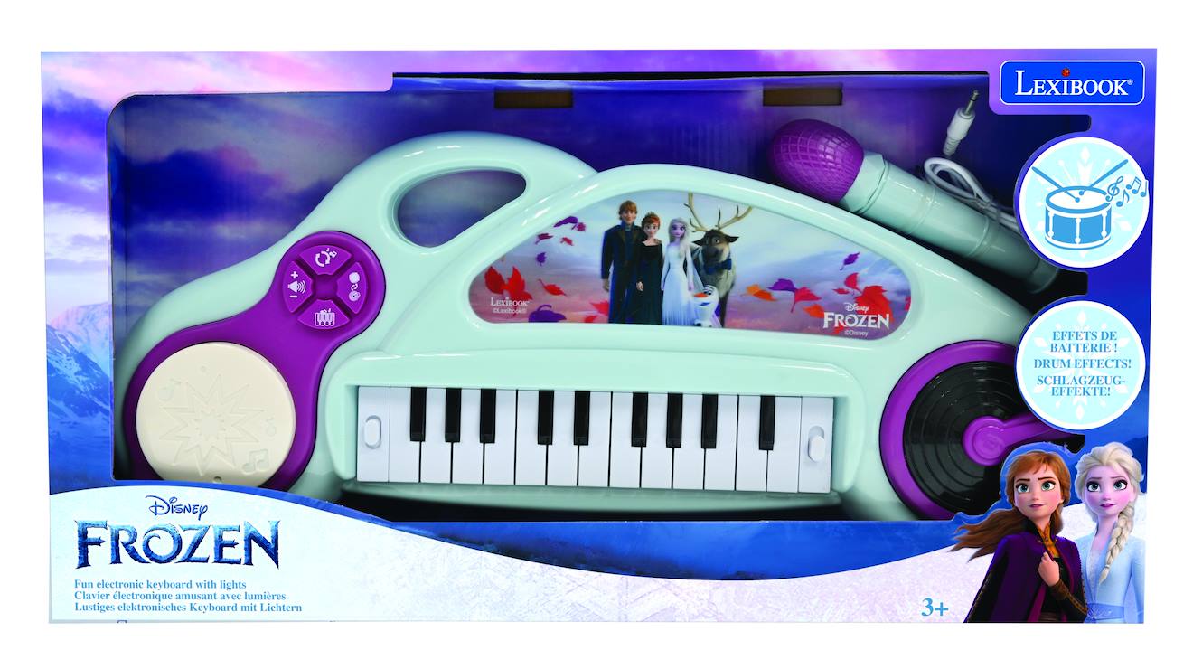 Piano électronique La Reine des Neiges avec effets lumineux et microphone bleu