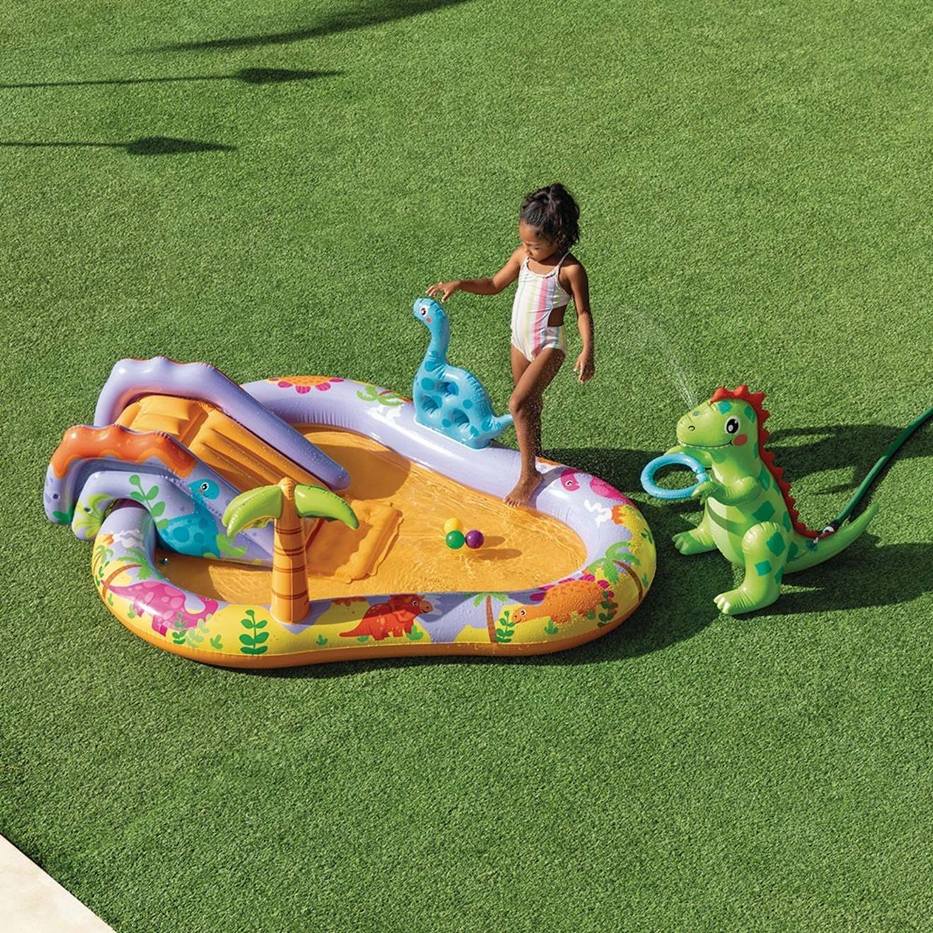 Piscine avec aire de jeux dino multicolore