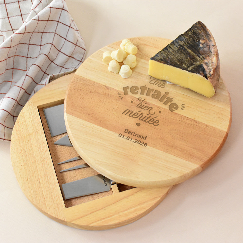Plateau à Fromage Pivotant avec Ustensiles Retraite à Personnaliser - Plateau Personnalisé