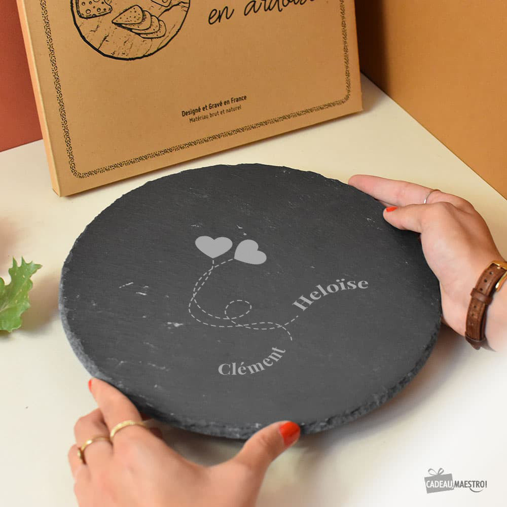 Plateau Ardoise Rond Couple à Personnaliser - Plateau Personnalisé CadoMaestro