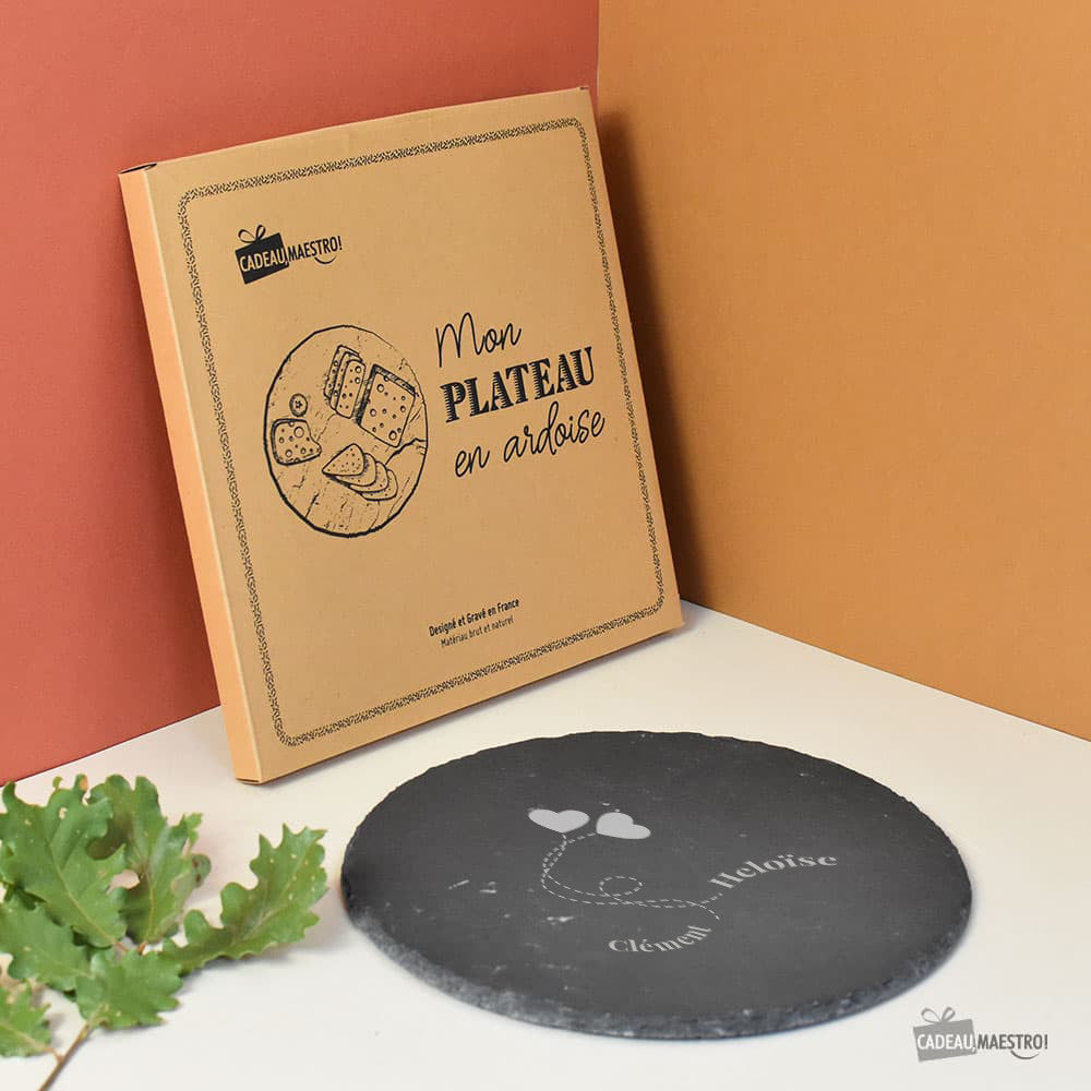 Plateau Ardoise Rond Couple à Personnaliser - Plateau Personnalisé CadoMaestro