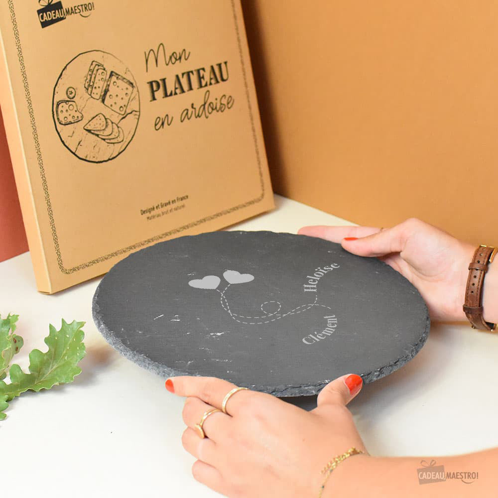 Plateau Ardoise Rond Couple à Personnaliser - Plateau Personnalisé CadoMaestro