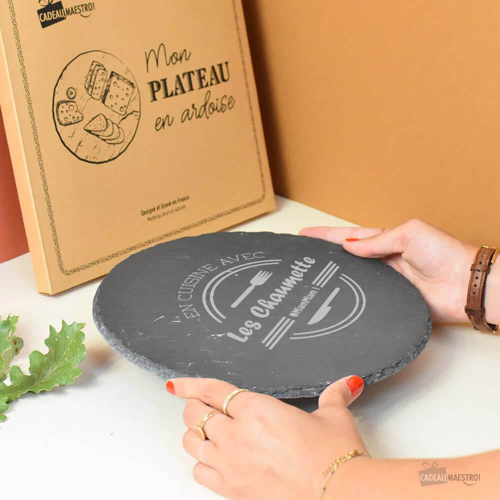 Plateau Ardoise Rond Famille à Personnaliser - Plateau Personnalisé CadoMaestro