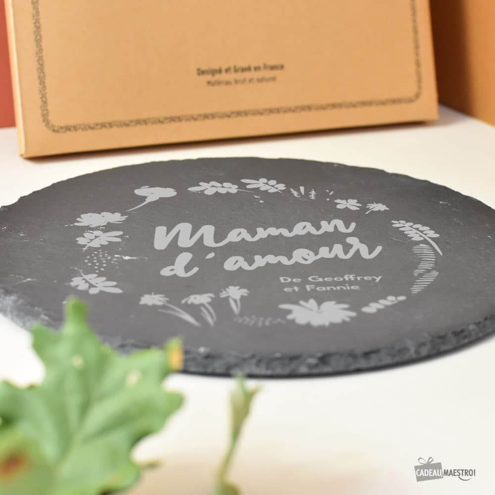 Plateau Ardoise Rond "Maman d'Amour" à Personnaliser - Plateau Personnalisé CadoMaestro