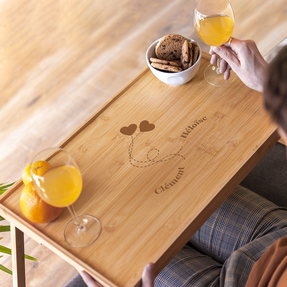 Plateau Bambou à Pieds Petit-Déjeuner Amoureux à Personnaliser - Plateau Personnalisé