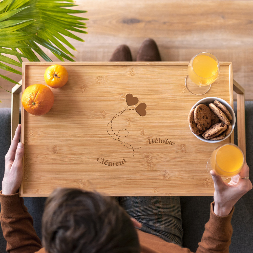 Plateau Bambou à Pieds Petit-Déjeuner Amoureux à Personnaliser - Plateau Personnalisé