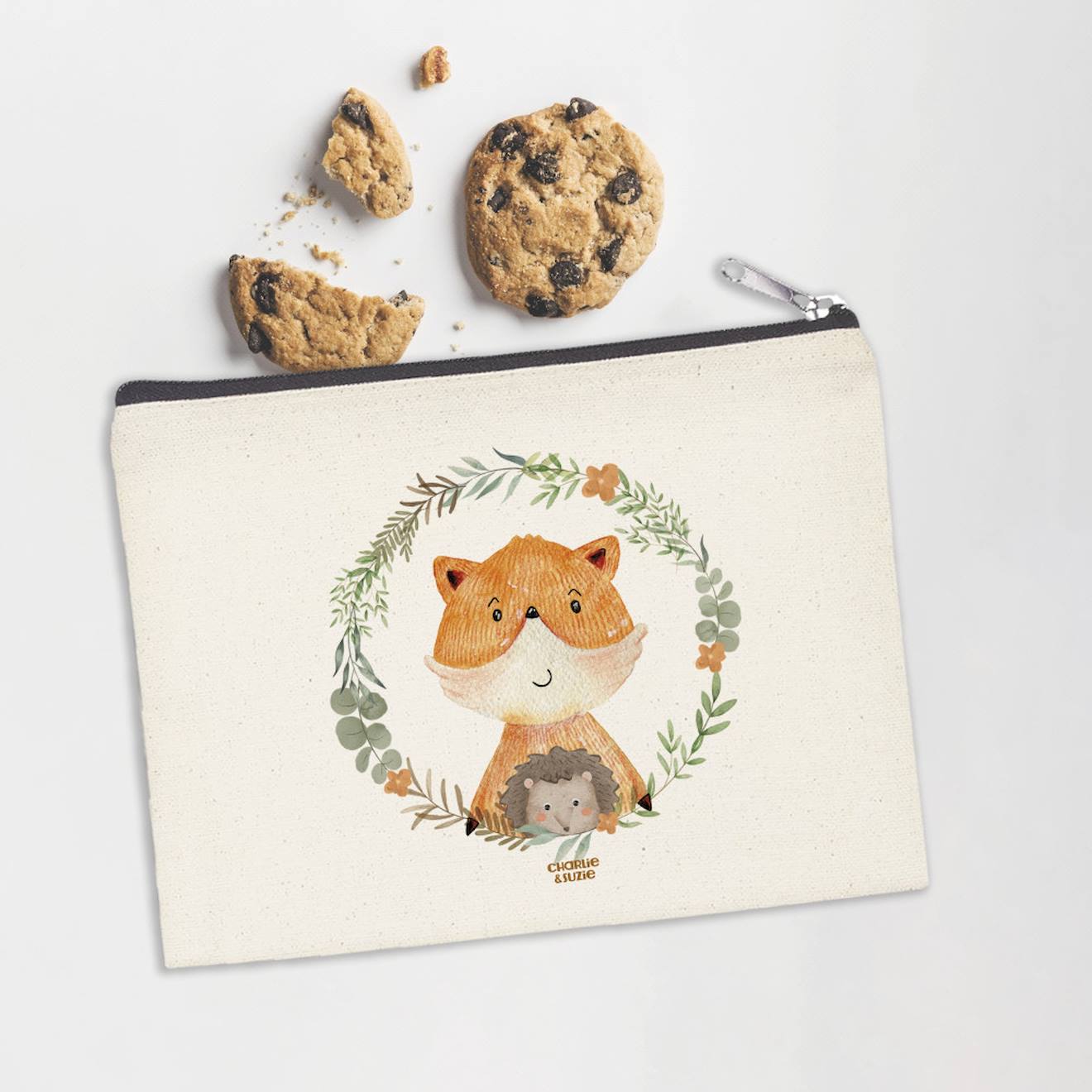 Pochette zippée renard et hérisson multicolore