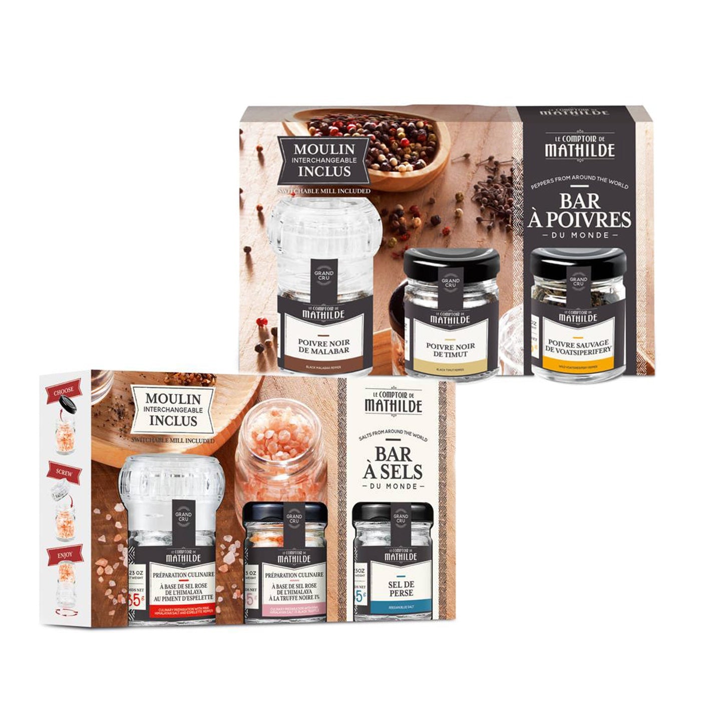 Coffret poivre et sel avec moulin interchangeable