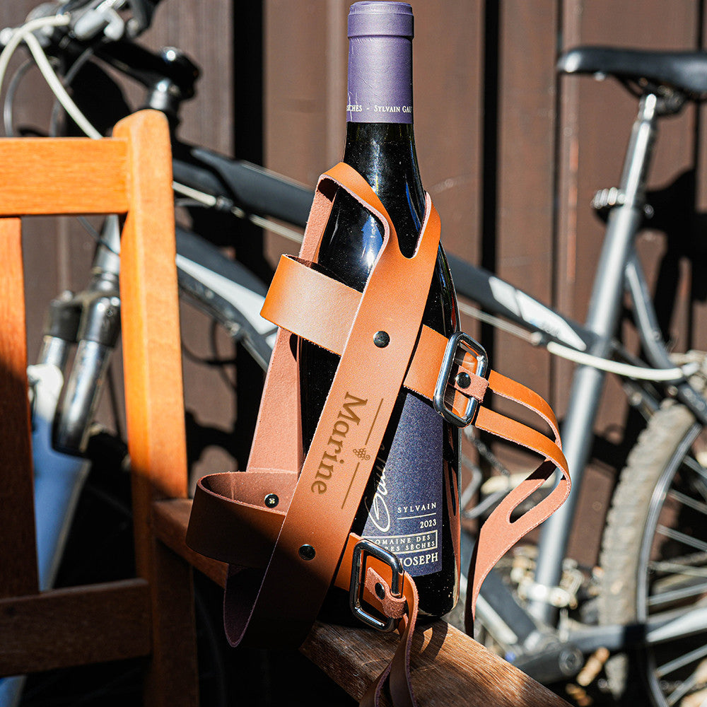 Porte-Bouteille Cuir pour Vélo Prénom à Personnaliser - Vin