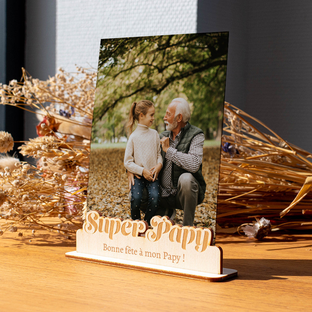 Porte-Photo Super Papy en Bois à Personnaliser - Objet Déco Original