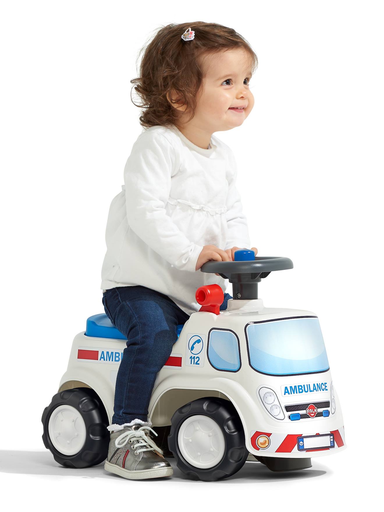 Porteur avec assise ouvrante et volant directionnel avec klaxon blanc et bleu