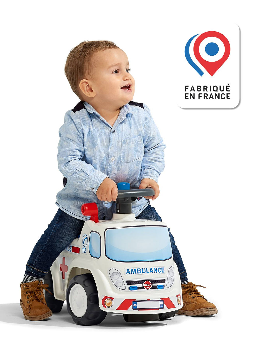 Porteur avec assise ouvrante et volant directionnel avec klaxon blanc et bleu