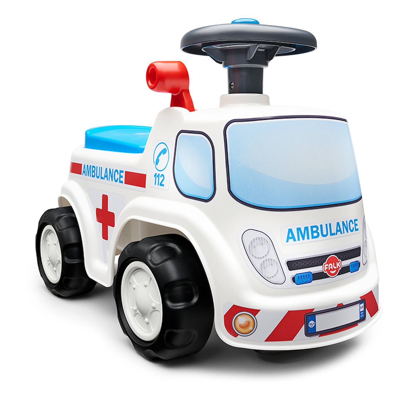 Porteur avec assise ouvrante et volant directionnel avec klaxon blanc et bleu