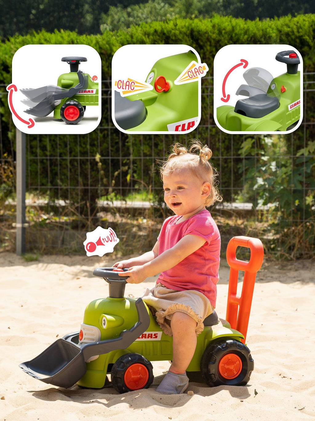 Porteur avec pelle frontale et canne de poussée vert
