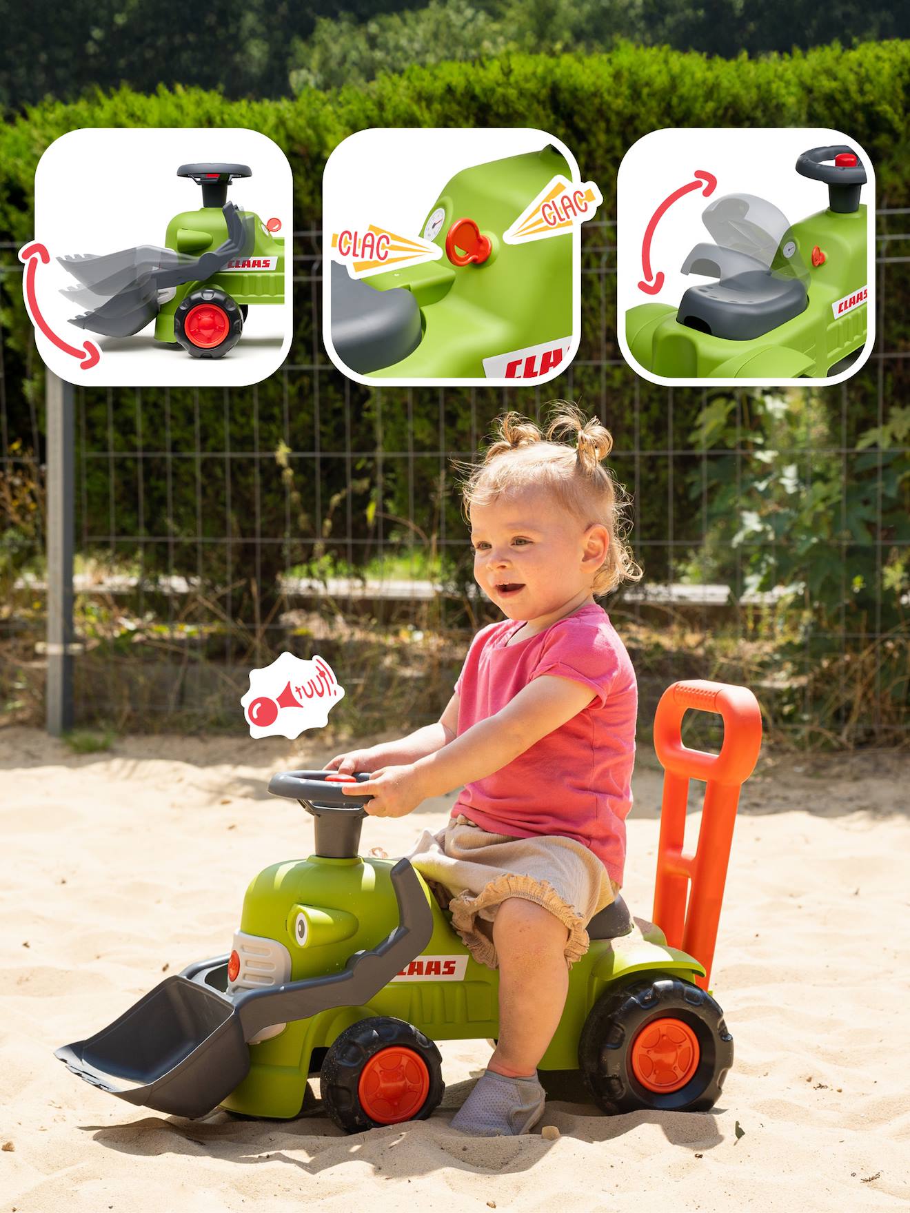 Porteur avec pelle frontale et canne de poussée vert