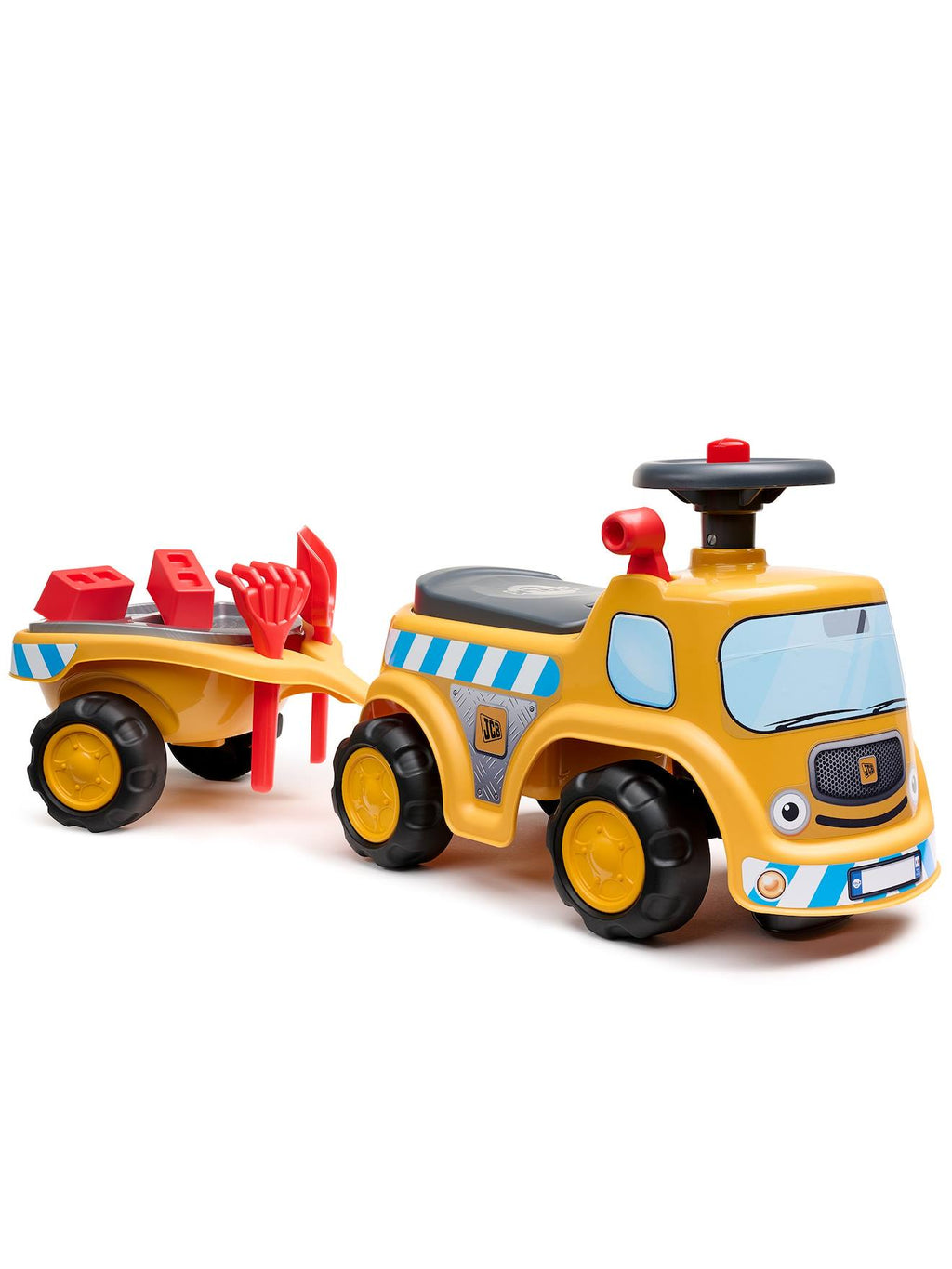 Porteur chantier avec assise ouvrante et volant directionnel avec klaxon, remorque et jeux de sable jaune jcb
